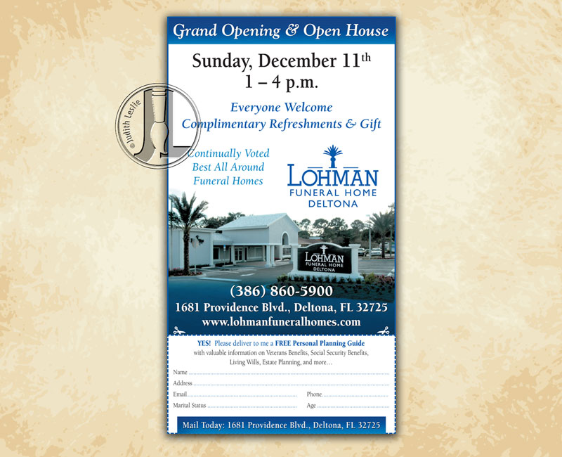 Lohman Funeral Homes Grand Opening and Open House Ad with Coupon