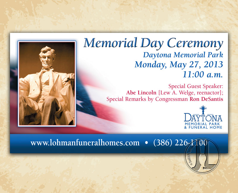 Lohman Funeral Homes Memorial Day Postcard Daytona Memorial